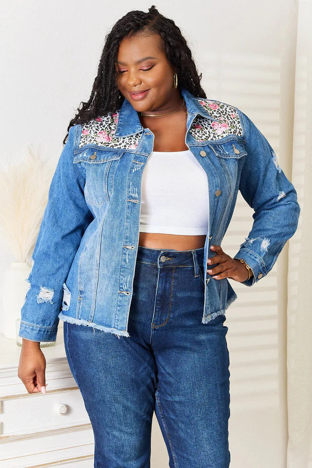 Baeful Leopard Floral Distressed Raw Hem Denim Jacket Leopard / S