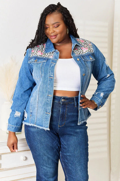 Baeful Leopard Floral Distressed Raw Hem Denim Jacket Leopard / S