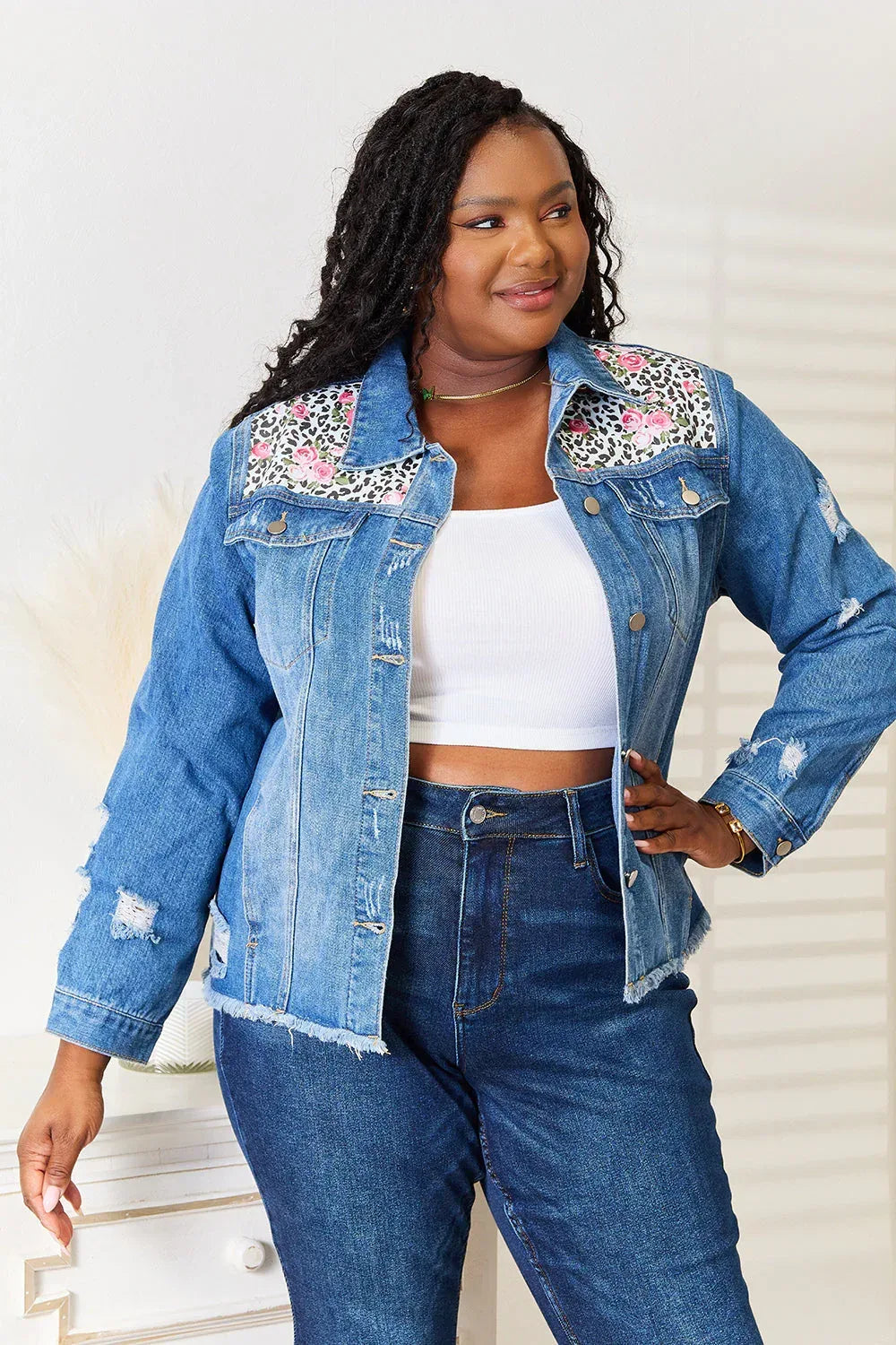 Baeful Leopard Floral Distressed Raw Hem Denim Jacket Leopard / S