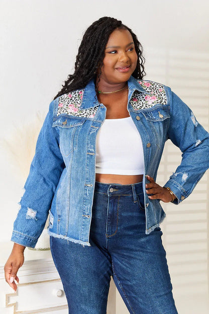 Baeful Leopard Floral Distressed Raw Hem Denim Jacket Leopard / S