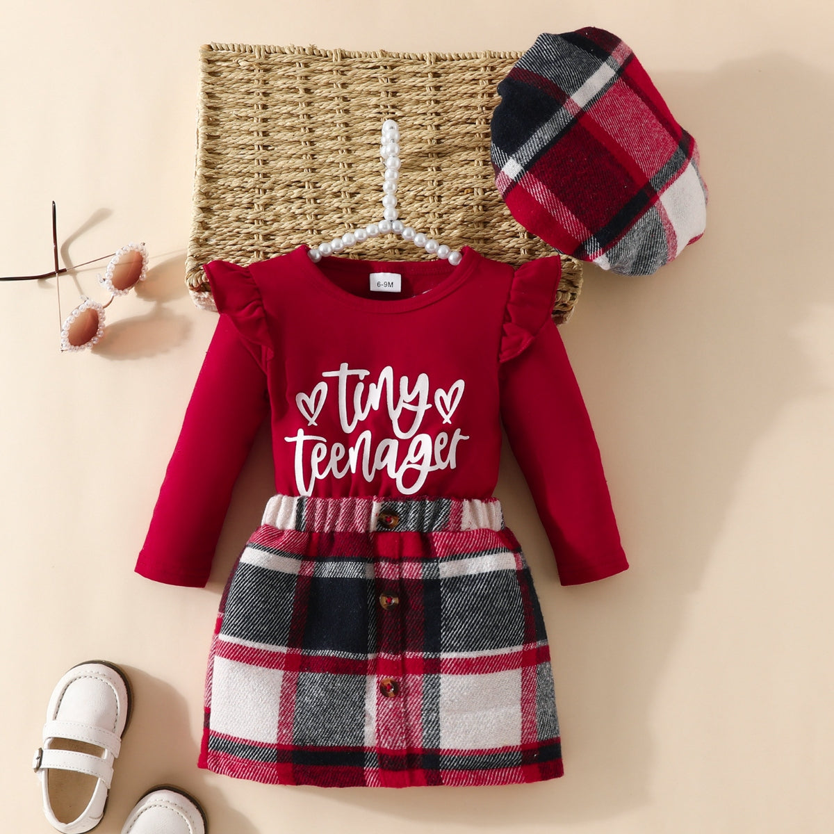 Letter Graphic Ruffle Trim Top and Plaid Skirt