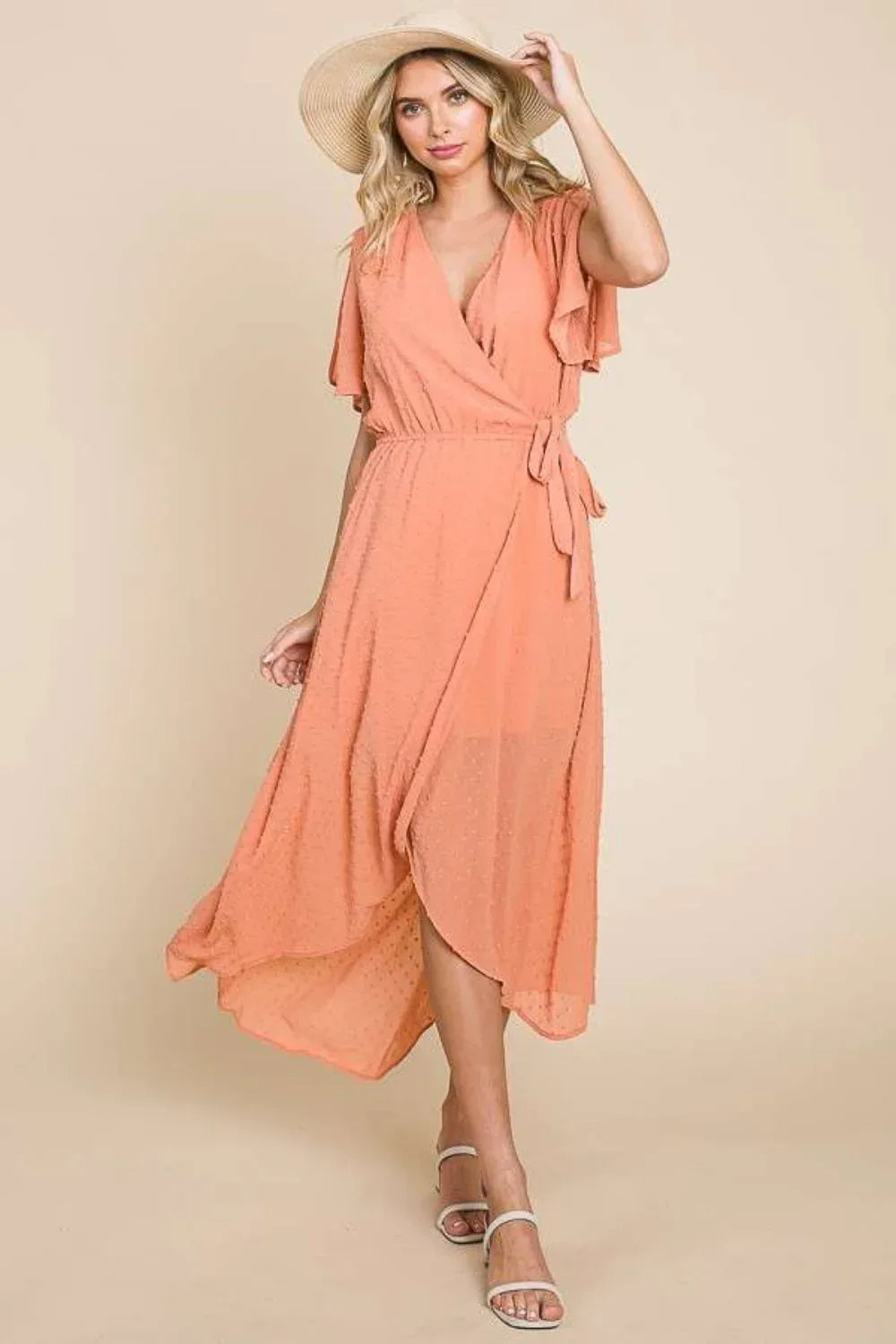 Culture Code Full Size Swiss Dot Tied Slit Short Sleeve Dress COCOA / S