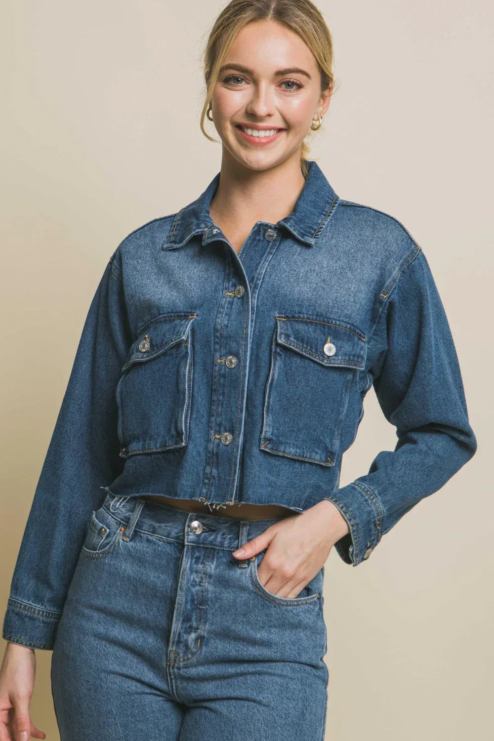 LOVE TREE Raw Hem Button Up Cropped Denim Jacket BLUE / S