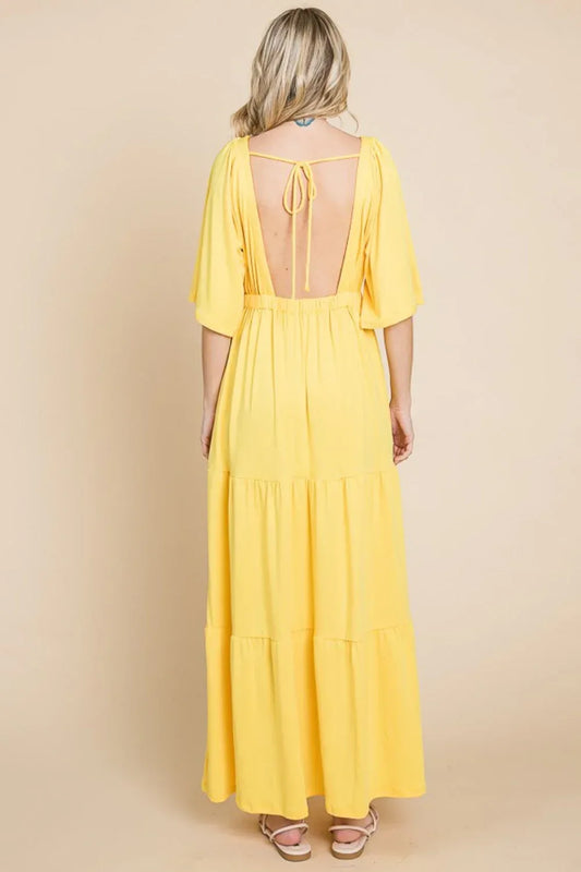 Culture Code Backless Plunge Half Sleeve Tiered Dress LEMONADE / S