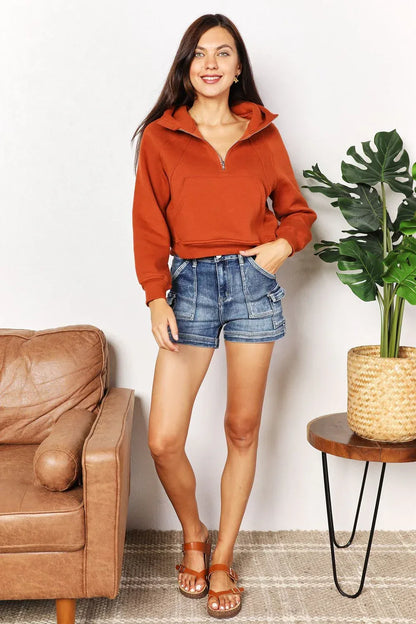 Double Take Half-Zip Long Sleeve Hoodie Ochre / S