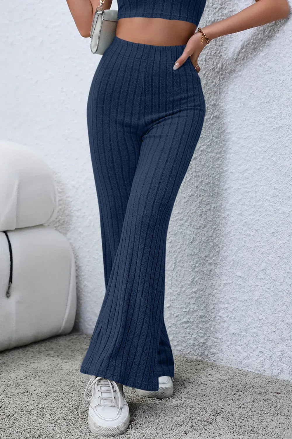 Basic Bae Full Size Ribbed High Waist Flare Pants Black / S