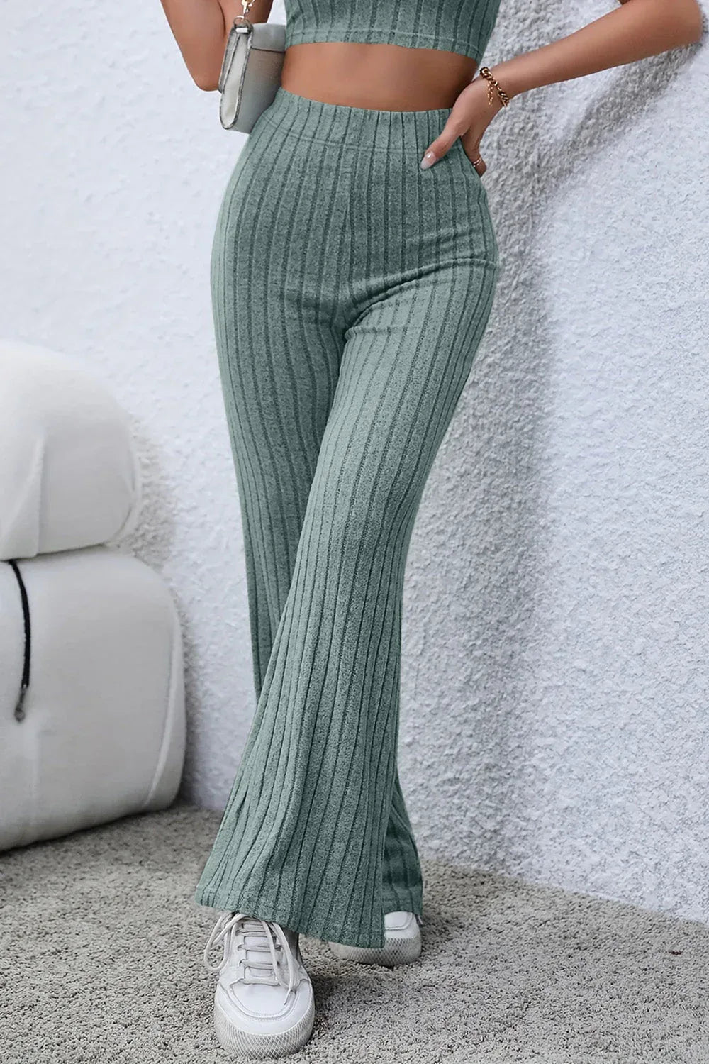 Basic Bae Full Size Ribbed High Waist Flare Pants Black / S