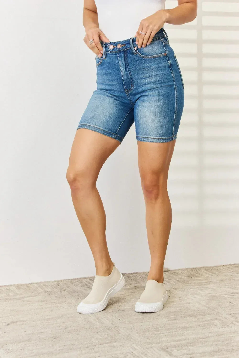 Judy Blue Full Size Tummy Control Double Button Bermuda Denim Shorts Medium / S