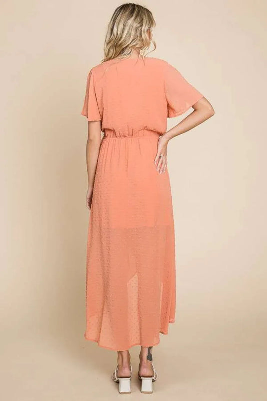 Culture Code Full Size Swiss Dot Tied Slit Short Sleeve Dress COCOA / S