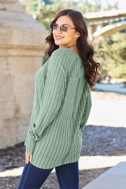 Basic Bae Full Size Ribbed Round Neck Long Sleeve Knit Top Royal Blue / S