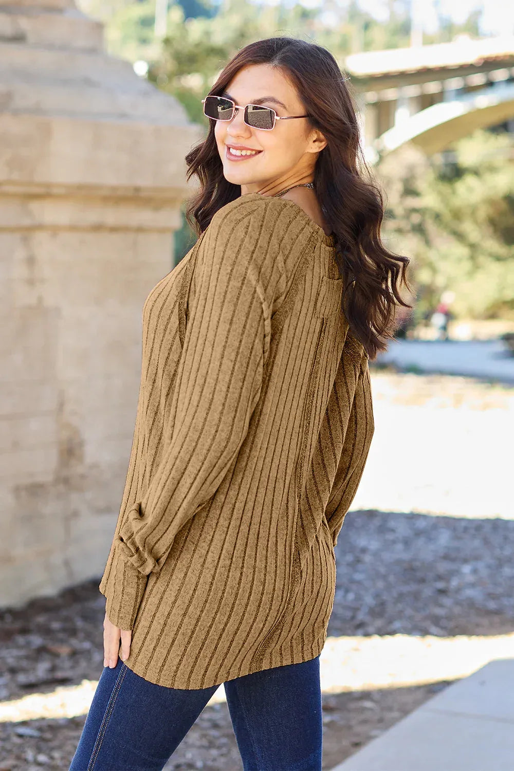 Basic Bae Full Size Ribbed Round Neck Long Sleeve Knit Top Royal Blue / S