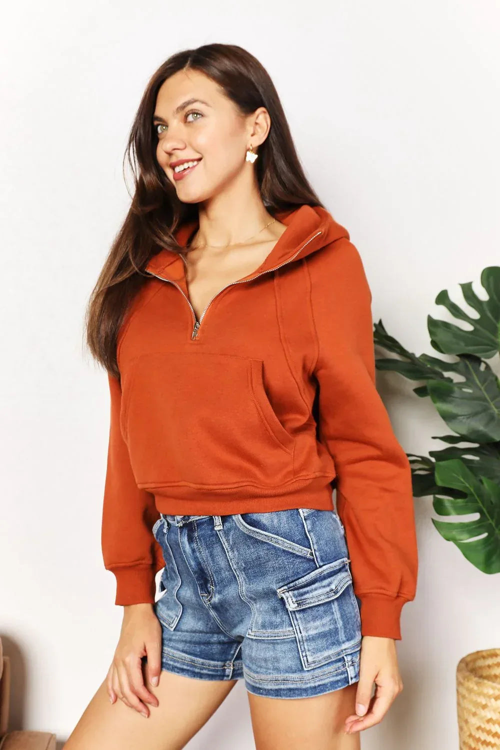 Double Take Half-Zip Long Sleeve Hoodie Ochre / S