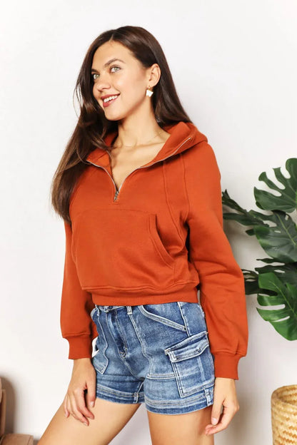 Double Take Half-Zip Long Sleeve Hoodie Ochre / S