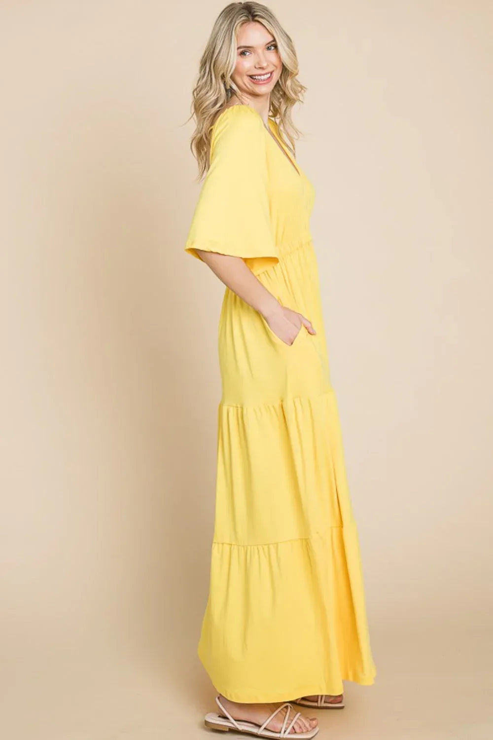 Culture Code Backless Plunge Half Sleeve Tiered Dress LEMONADE / S