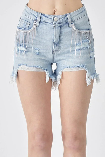 RISEN Frayed Hem Denim Shorts with Fringe Detail Pockets LIGHT / S