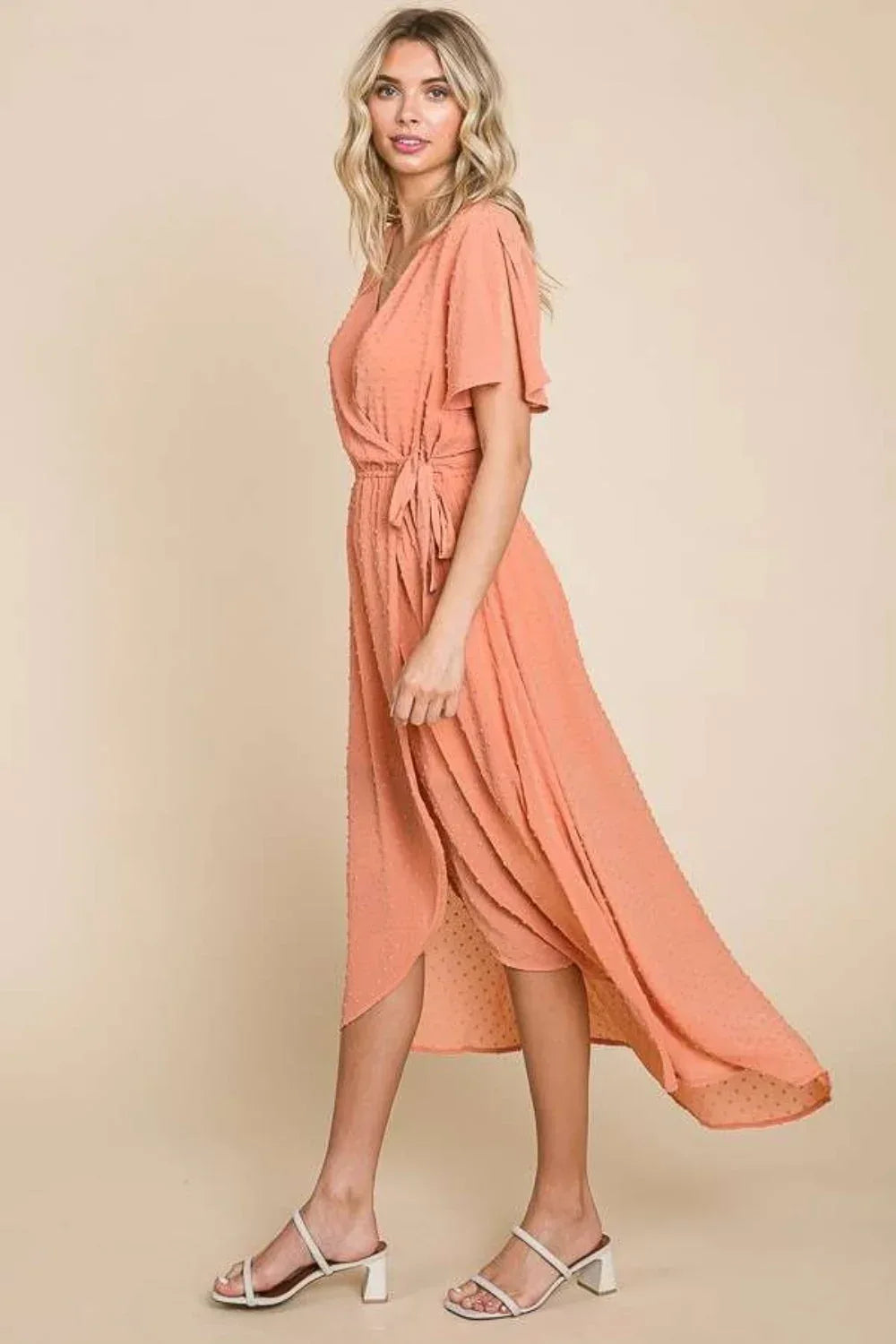 Culture Code Full Size Swiss Dot Tied Slit Short Sleeve Dress COCOA / S