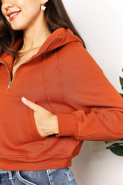 Double Take Half-Zip Long Sleeve Hoodie Ochre / S