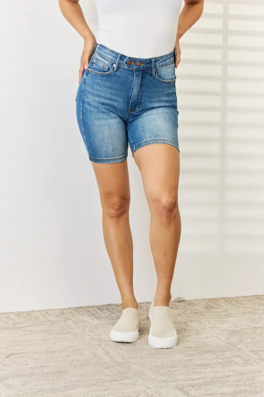 Judy Blue Full Size Tummy Control Double Button Bermuda Denim Shorts Medium / S