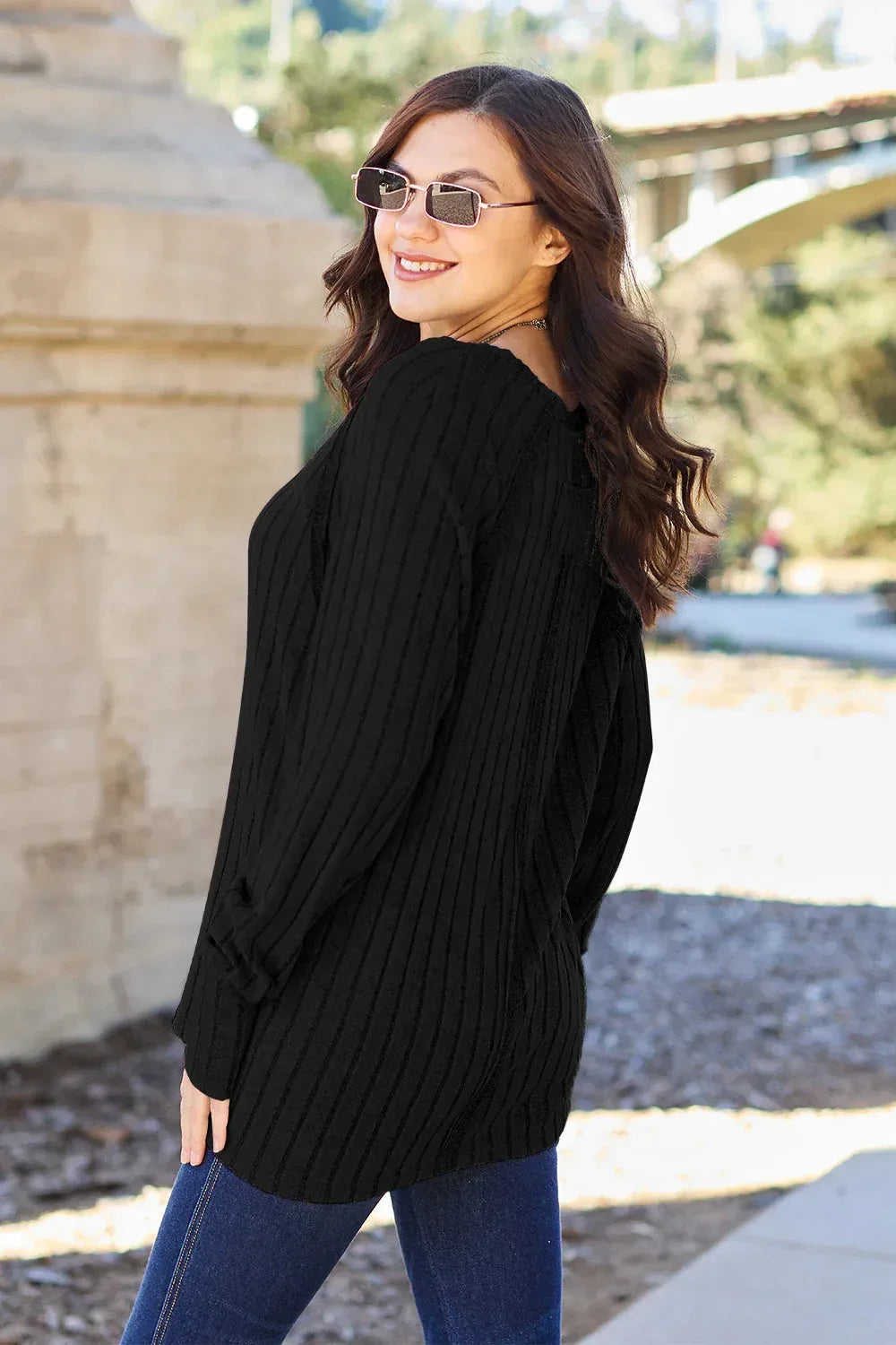 Basic Bae Full Size Ribbed Round Neck Long Sleeve Knit Top Royal Blue / S