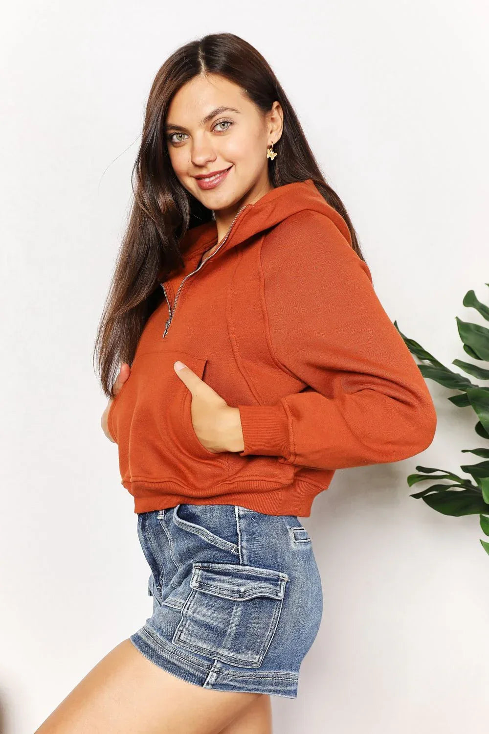 Double Take Half-Zip Long Sleeve Hoodie Ochre / S