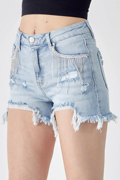 RISEN Frayed Hem Denim Shorts with Fringe Detail Pockets LIGHT / S