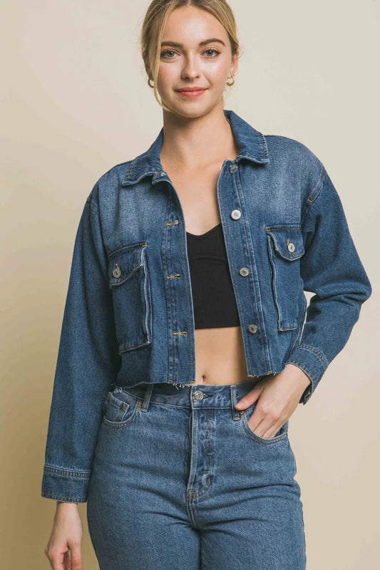LOVE TREE Raw Hem Button Up Cropped Denim Jacket BLUE / S