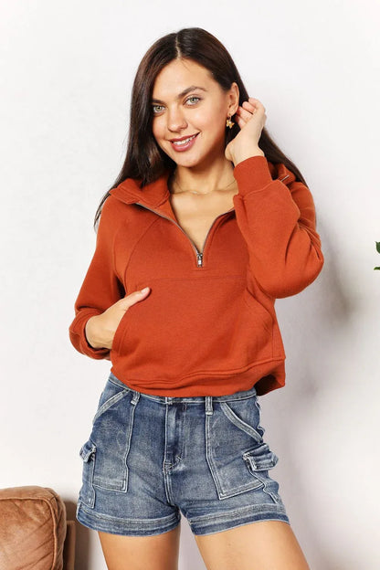 Double Take Half-Zip Long Sleeve Hoodie Ochre / S