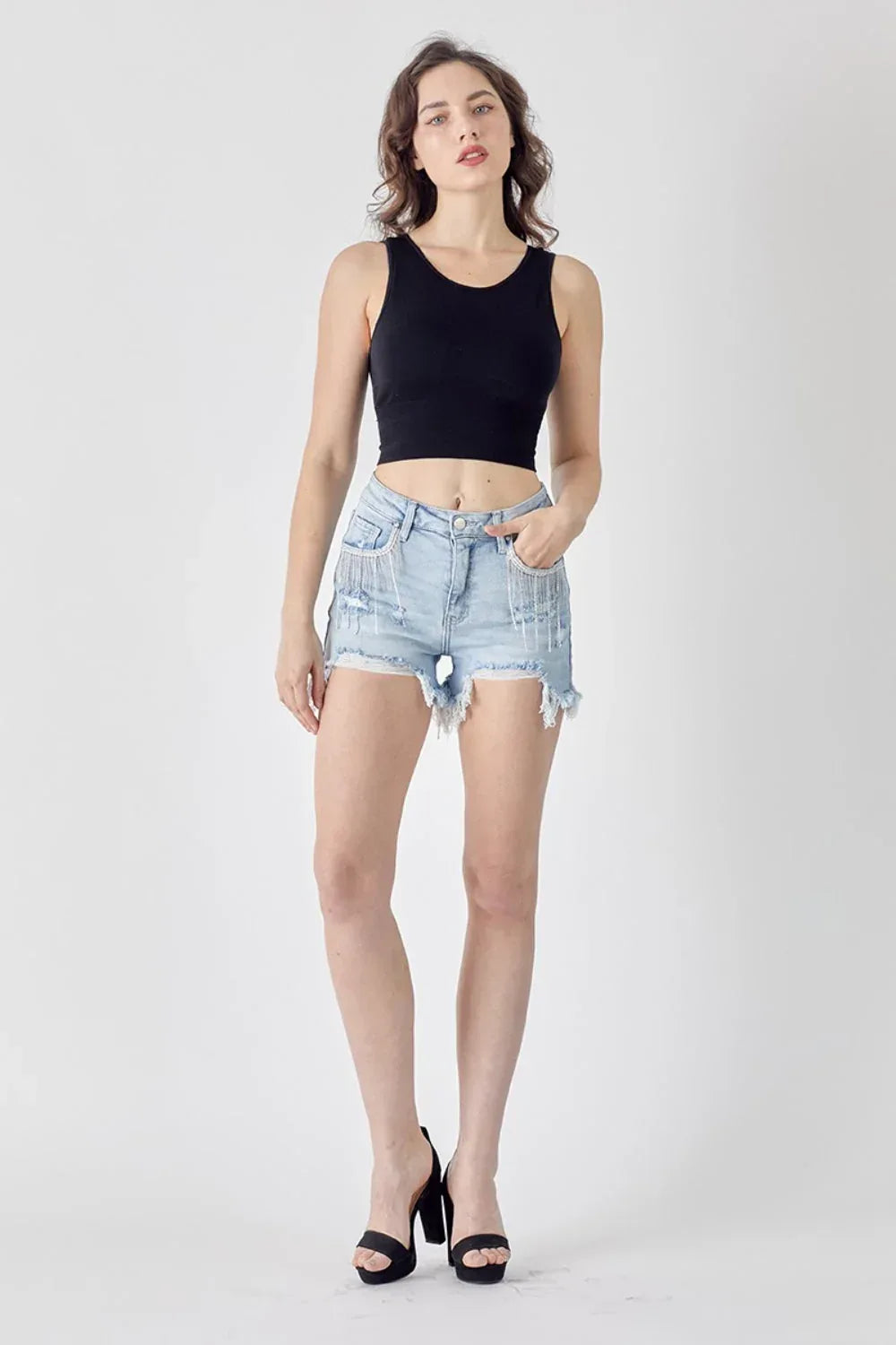 RISEN Frayed Hem Denim Shorts with Fringe Detail Pockets LIGHT / S