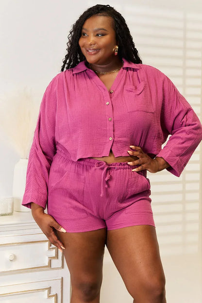 Basic Bae Buttoned Long Sleeve Top and Shorts Set Fuchsia / S
