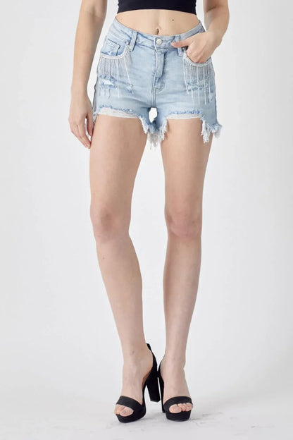 RISEN Frayed Hem Denim Shorts with Fringe Detail Pockets LIGHT / S