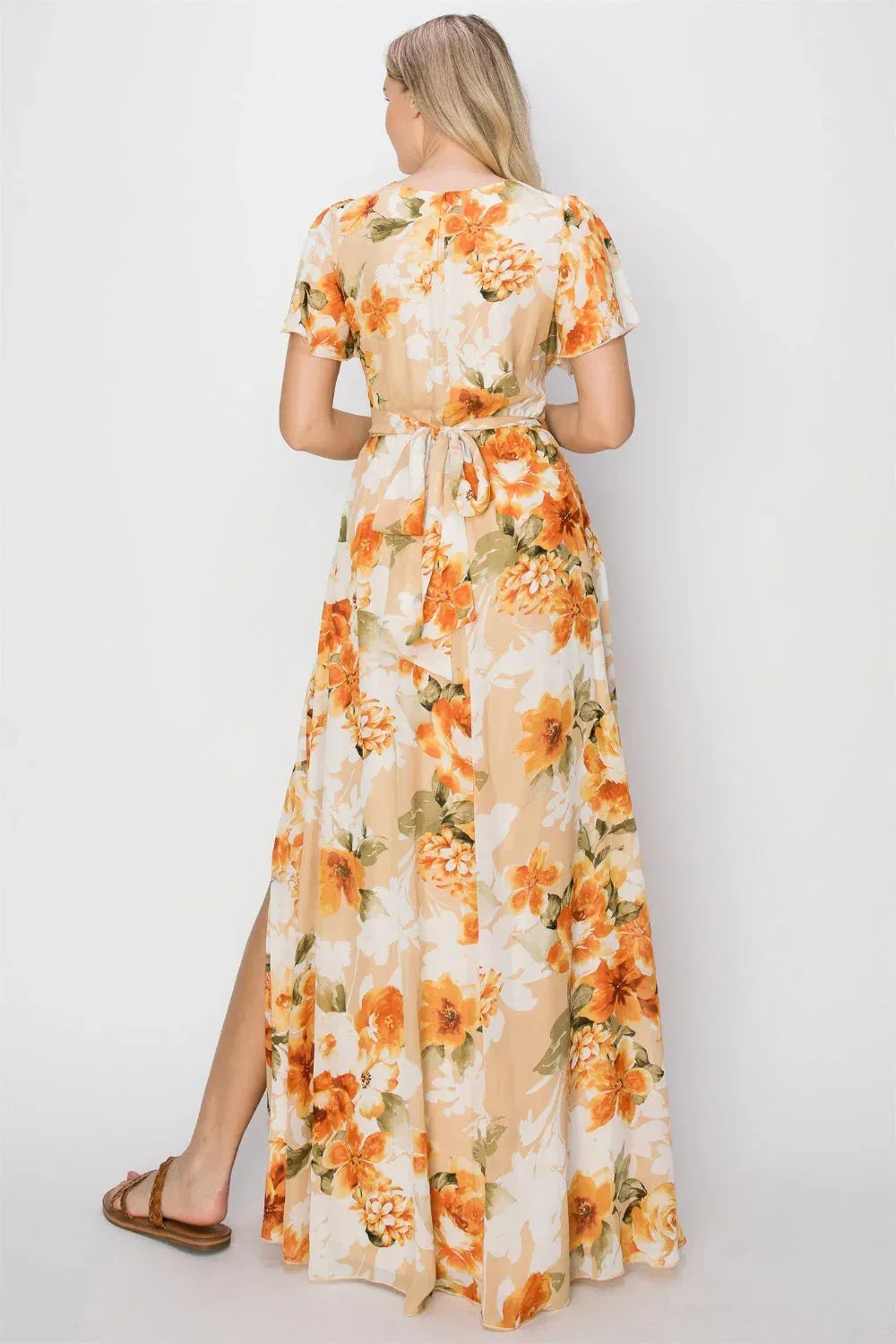 HYFVE Floral Tie Back Short Sleeve Slit Maxi Dress ORANGE / S