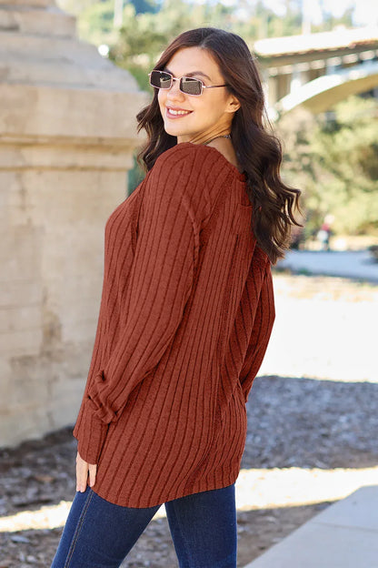 Basic Bae Full Size Ribbed Round Neck Long Sleeve Knit Top Royal Blue / S