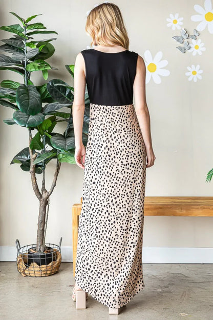 Heimish Full Size Slit Animal Print V-Neck Wide Strap Dress Khaki/Black / S