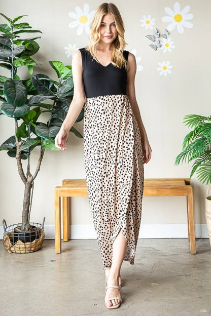 Heimish Full Size Slit Animal Print V-Neck Wide Strap Dress Khaki/Black / S