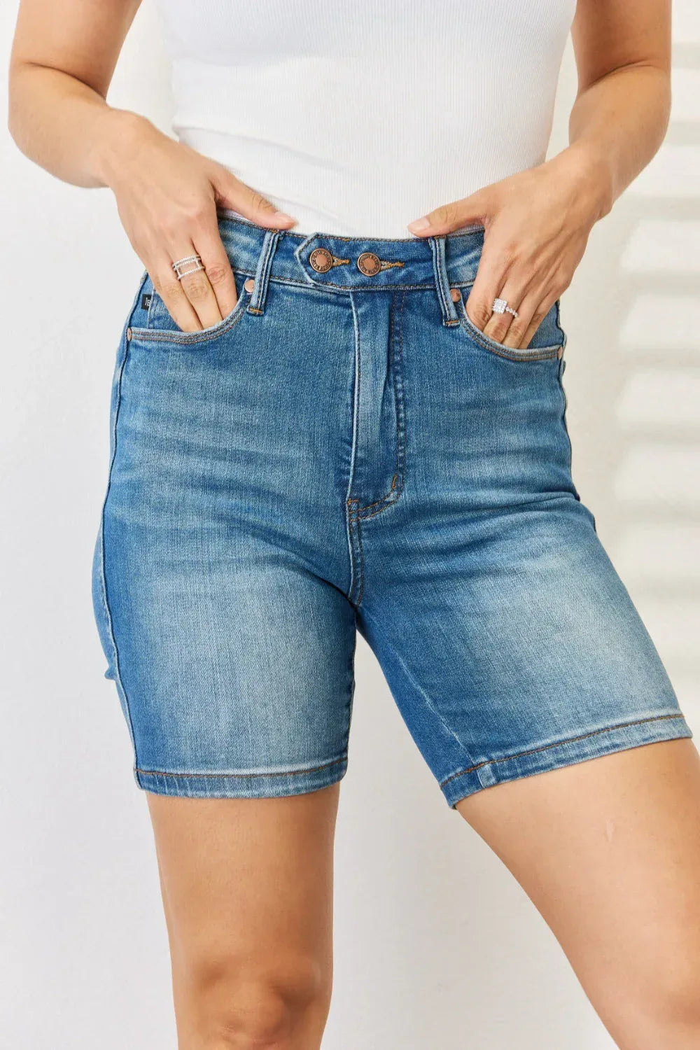 Judy Blue Full Size Tummy Control Double Button Bermuda Denim Shorts Medium / S