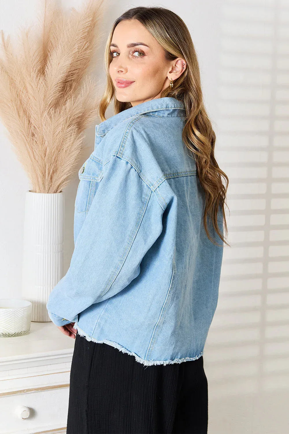 Double Take Dropped Shoulder Raw Hem Denim Jacket Medium / S